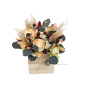 Aranjament floral vintage, in cutie de lemn, cu bujori, 25x20cm