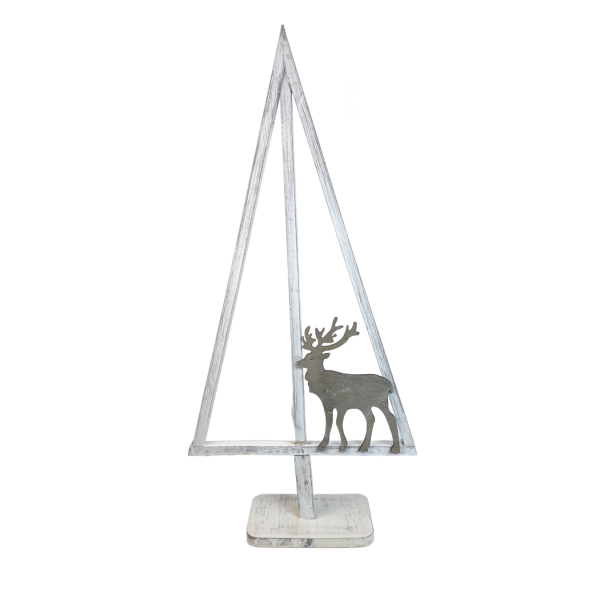 Brad de lemn stilizat cu ren 72 cm – decor rustic Crăciun