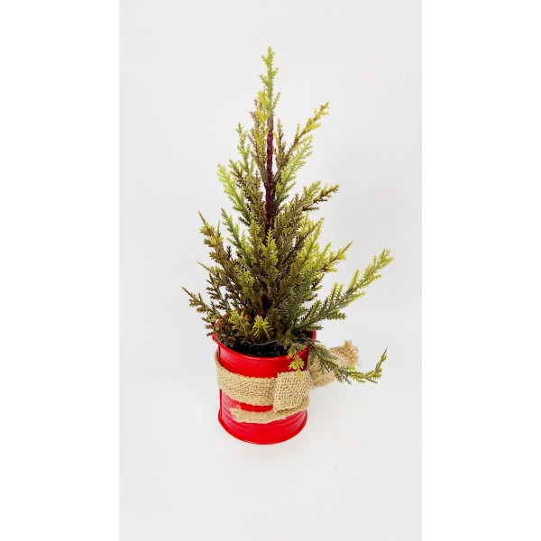 Brăduț în vas metalic roșu cu sac de iuta 25cm